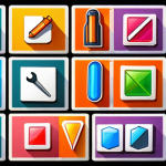 A vibrant, colorful icon representing "correct tools selection" for icon design, featuring stylized versions of Adobe Illustrator, Sketch, Inkscape, and Canva logos arranged creatively.
