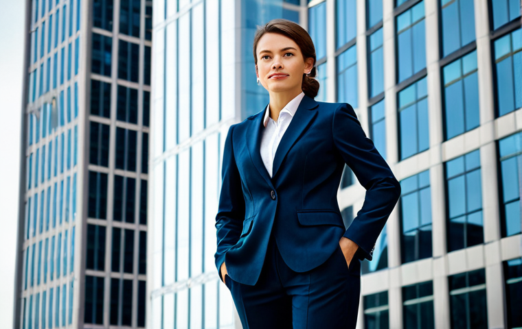 최신 증강현실 AR  디자인 사례 - ** A professional businesswoman in a tailored, modest business suit, standing confidently in front o...