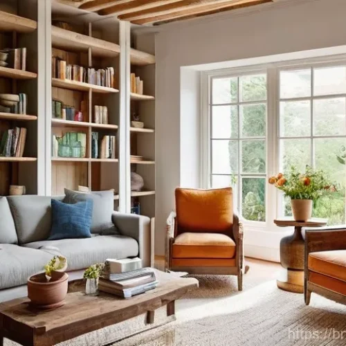 디자인에서 지속 가능한 소재 활용 - **Sustainable Living Room with Upcycled Decor:**
    "A cozy and modern living room filled with natu...