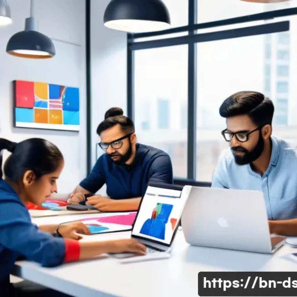 브랜드 로고 디자인의 성공 사례 - A professional branding studio scene showing a diverse team of Bengali designers collaborating on a ...