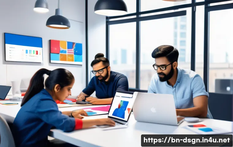 브랜드 로고 디자인의 성공 사례 - A professional branding studio scene showing a diverse team of Bengali designers collaborating on a ...