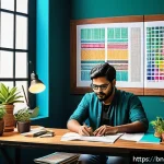 무료 벡터 디자인 리소스 사이트 추천 - A vibrant workspace scene featuring a Bengali graphic designer at a modern desk, surrounded by multi...