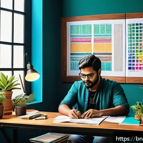 무료 벡터 디자인 리소스 사이트 추천 - A vibrant workspace scene featuring a Bengali graphic designer at a modern desk, surrounded by multi...