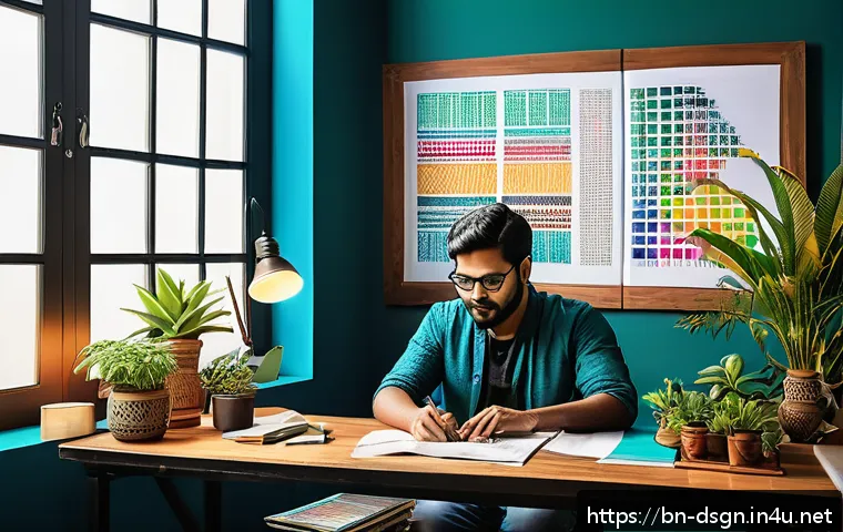 무료 벡터 디자인 리소스 사이트 추천 - A vibrant workspace scene featuring a Bengali graphic designer at a modern desk, surrounded by multi...