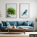 디자인 트렌드  미니멀리즘의 부상 - A serene minimalist living room inspired by Bengali culture, featuring clean white and soft blue wal...