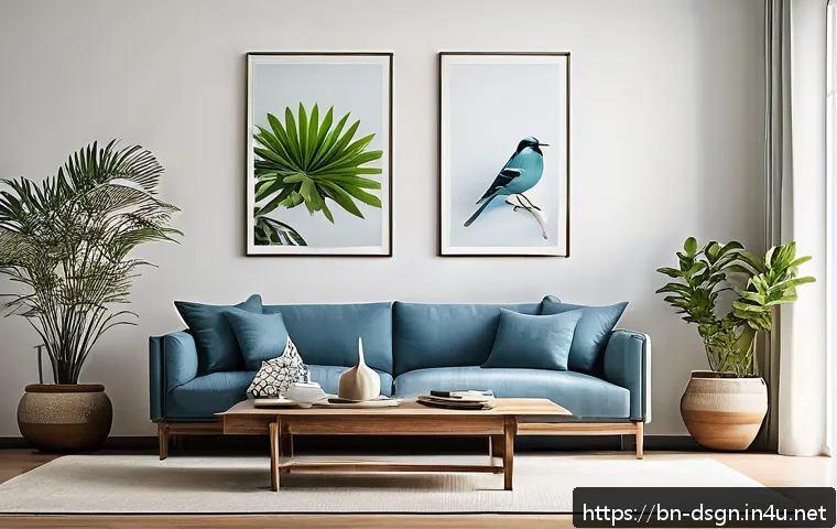 디자인 트렌드  미니멀리즘의 부상 - A serene minimalist living room inspired by Bengali culture, featuring clean white and soft blue wal...