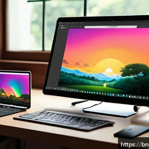 최고의 무료 일러스트 도구 추천 - A detailed digital artist&rsquo;s workspace featuring a sleek laptop and tablet displaying open-source ill...