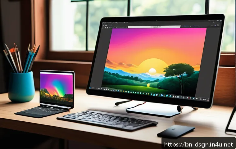 최고의 무료 일러스트 도구 추천 - A detailed digital artist&rsquo;s workspace featuring a sleek laptop and tablet displaying open-source ill...